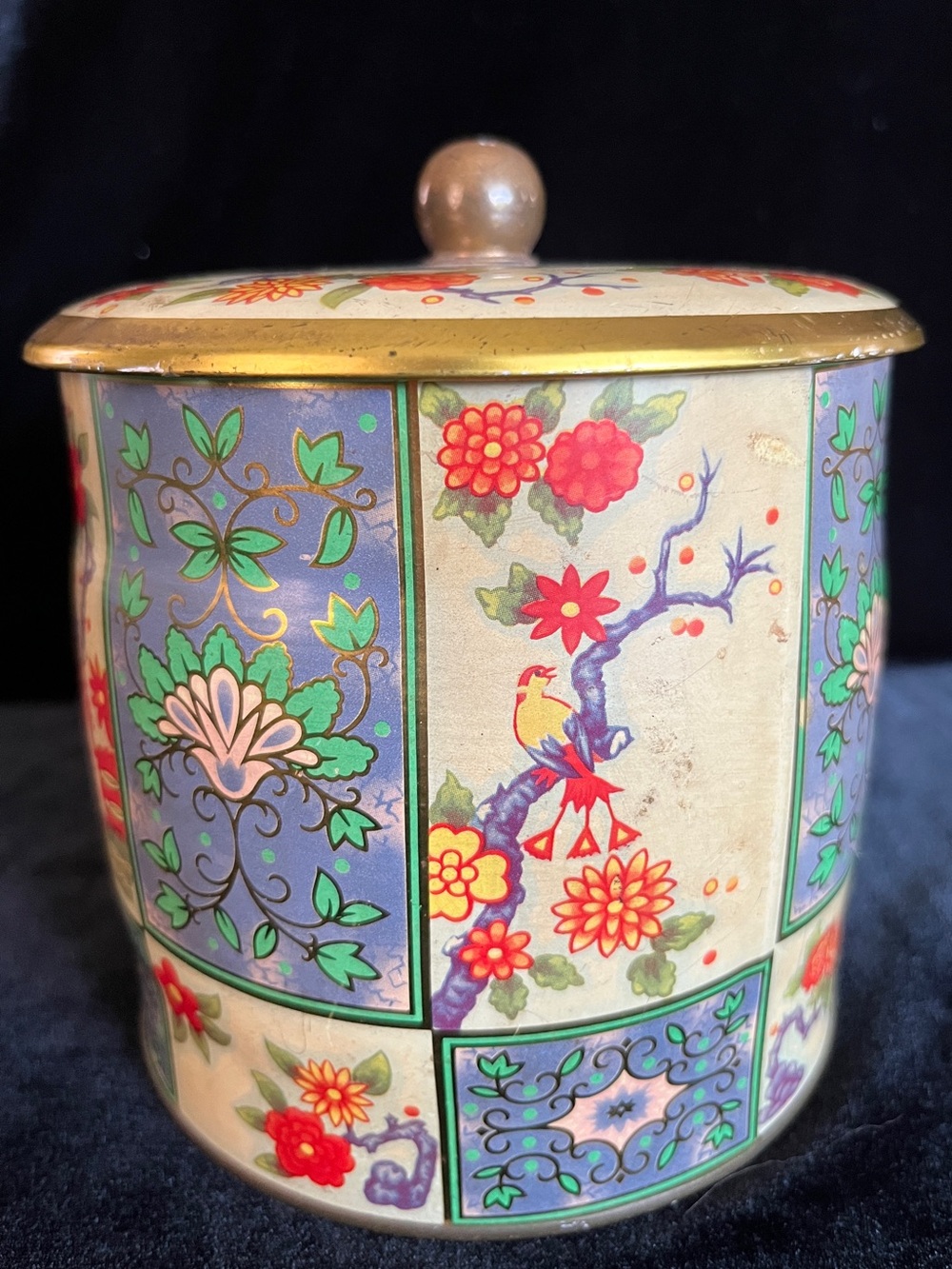 Vintage Floral Colorful Made in England Metal Container Jar With Lid